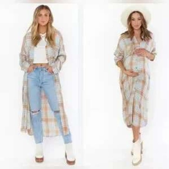 Show Me Your MuMu Dresses & Skirts - Show Me Your Mumu Womens XS Plaid Maxi Shirt Dress Blue Tan Button Down Duster